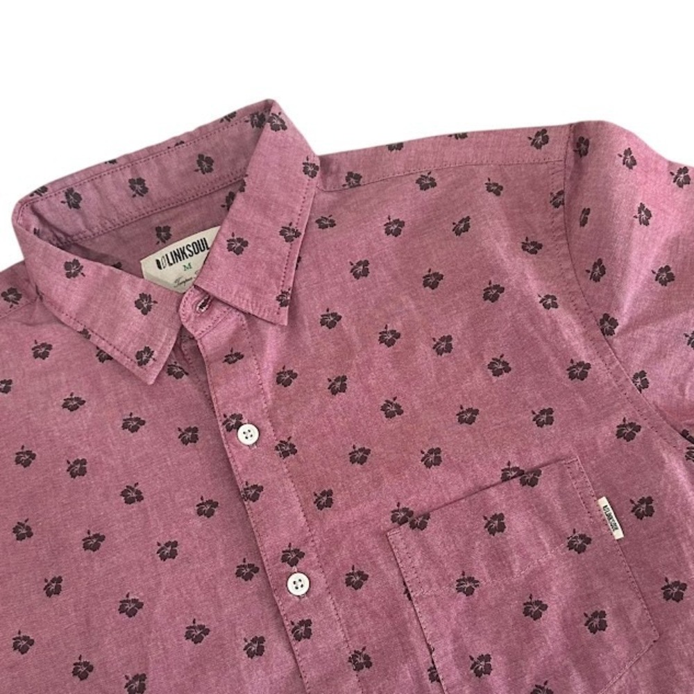 Linksoul Red Hawaiian Hibiscus Floral Short Sleeve Button‎ Down Shirt Mens M